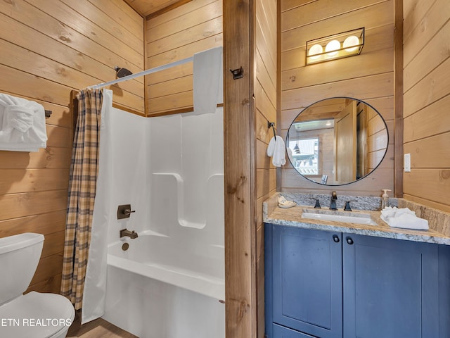 1940 Smoky Cove Rd, Sevierville, TN 37876 - bathroom with wood walls, shower / tub combo, vanity, and wood finished floors