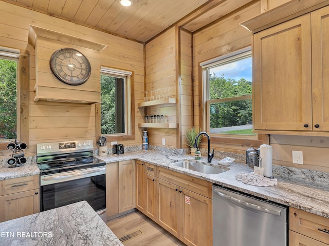 1940 Smoky Cove Rd, Sevierville, TN 37876 - kitchen featuring stainless steel appliances, wooden walls, light brown cabinets, wood ceiling, and light stone countertops