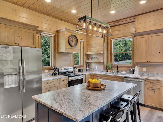 1940 Smoky Cove Rd, Sevierville, TN 37876 - kitchen featuring stainless steel appliances, wooden ceiling, recessed lighting, wooden walls, and open shelves