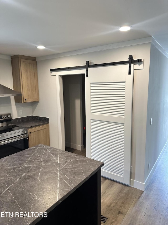 9556 Crisman Rd, Heiskell, TN 37754 - kitchen with stainless steel range with electric cooktop, a barn door, dark countertops, wood finished floors, and recessed lighting