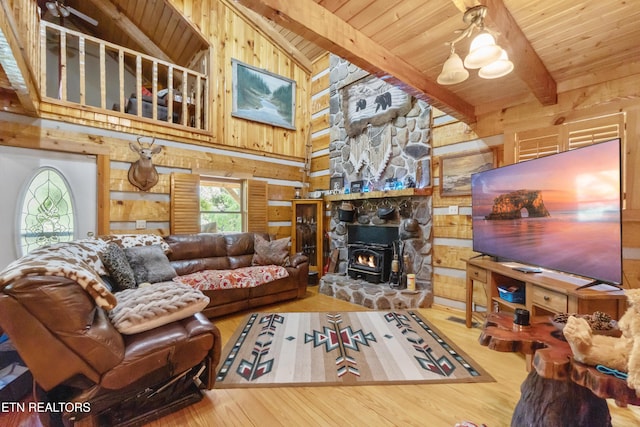 721 Leisure Way, Newport, TN 37821 - living room with wooden walls, a wooden ceiling with exposed beams, wood finished floors, and high vaulted ceiling