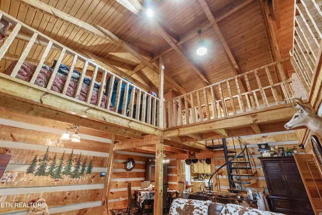 721 Leisure Way, Newport, TN 37821 - unfurnished living room featuring high vaulted ceiling and beamed ceiling