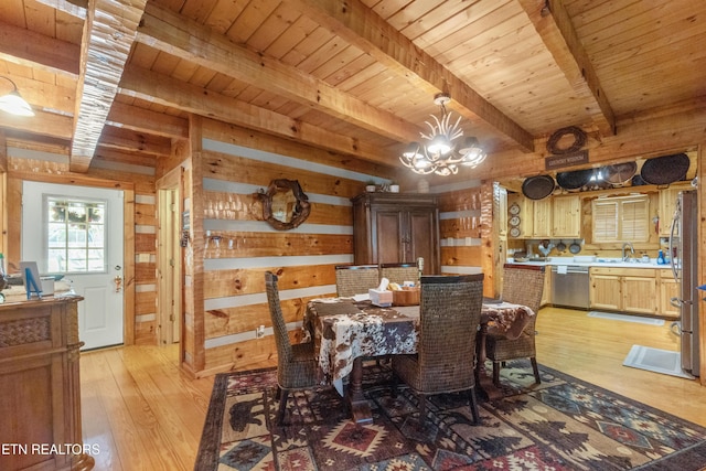 721 Leisure Way, Newport, TN 37821 - dining space with a wood ceiling with exposed beams, a chandelier, light wood-style floors, and wood walls