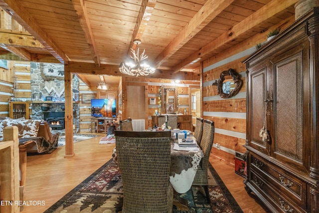 721 Leisure Way, Newport, TN 37821 - dining space with wood walls, a chandelier, light wood-type flooring, and a wood ceiling with exposed beams