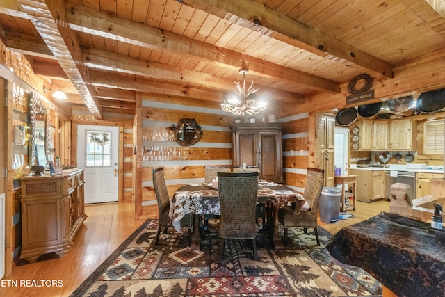 721 Leisure Way, Newport, TN 37821 - dining space with a wooden ceiling with exposed beams, a chandelier, light wood-style flooring, and wooden walls