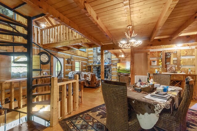 721 Leisure Way, Newport, TN 37821 - dining room featuring a chandelier, wooden walls, wood finished floors, beamed ceiling, and plenty of natural light