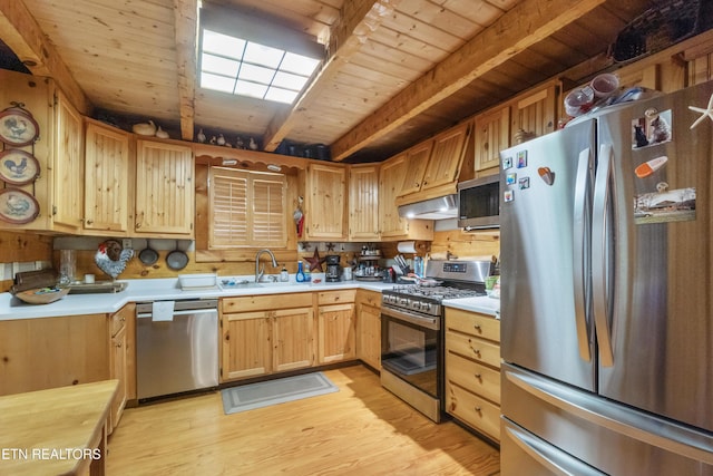 721 Leisure Way, Newport, TN 37821 - kitchen featuring appliances with stainless steel finishes, light countertops, light wood-style flooring, under cabinet range hood, and a wood ceiling with exposed beams