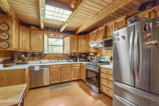 721 Leisure Way, Newport, TN 37821 - kitchen with stainless steel appliances, light countertops, light wood-style floors, wood ceiling, and light brown cabinetry