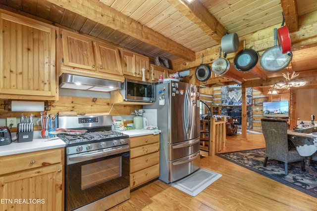 721 Leisure Way, Newport, TN 37821 - kitchen featuring stainless steel appliances, ventilation hood, light wood-type flooring, a wood ceiling with exposed beams, and light countertops