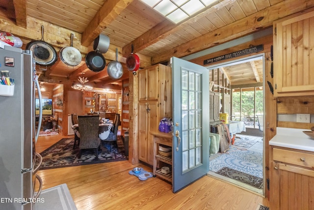 721 Leisure Way, Newport, TN 37821 - home office featuring a wooden ceiling with exposed beams, light wood-style floors, and wood walls