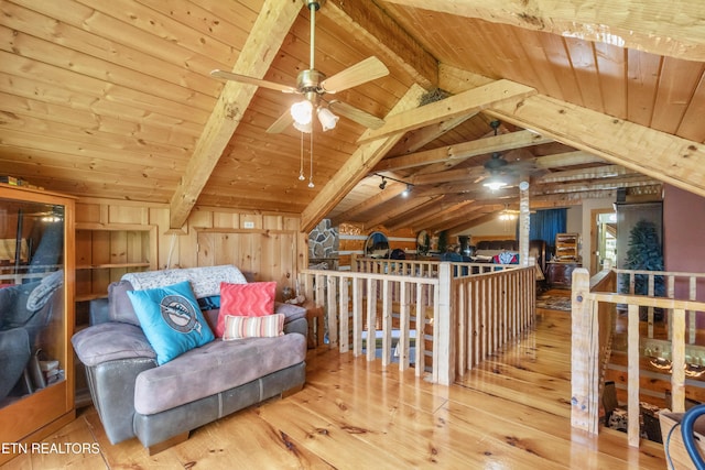 721 Leisure Way, Newport, TN 37821 - sitting room featuring wooden ceiling, wood-type flooring, a ceiling fan, and an upstairs landing