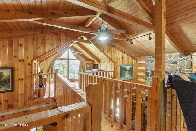 721 Leisure Way, Newport, TN 37821 - corridor with wood ceiling, wood walls, an upstairs landing, and wood finished floors