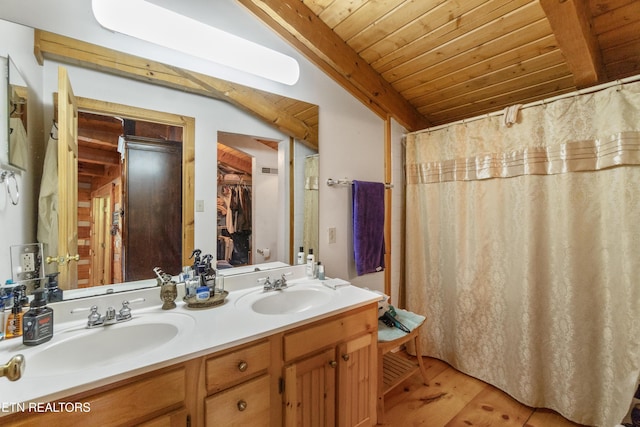 721 Leisure Way, Newport, TN 37821 - bathroom featuring wooden ceiling, double vanity, wood finished floors, and curtained shower