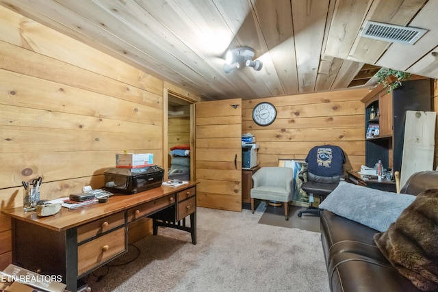 721 Leisure Way, Newport, TN 37821 - home office featuring wood walls, carpet flooring, and wood ceiling