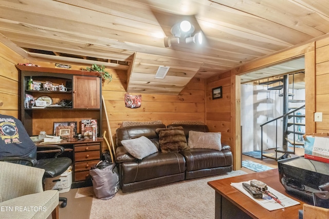 721 Leisure Way, Newport, TN 37821 - carpeted living area featuring wood walls, stairway, wood ceiling, and a desk