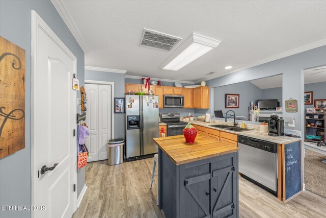 3701 Eliza Pointe Way, Knoxville, TN 37921 - kitchen featuring appliances with stainless steel finishes, crown molding, butcher block countertops, light wood finished floors, and a breakfast bar area