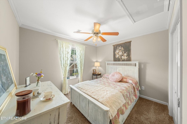 3701 Eliza Pointe Way, Knoxville, TN 37921 - bedroom featuring carpet flooring, ornamental molding, attic access, and a ceiling fan