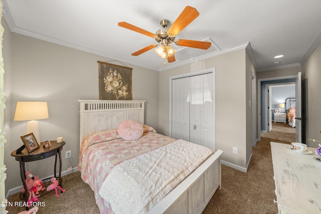 3701 Eliza Pointe Way, Knoxville, TN 37921 - bedroom with carpet, a closet, ornamental molding, a ceiling fan, and recessed lighting
