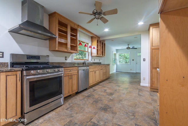 128 Orchard Ln, Oak Ridge, TN 37830 - kitchen featuring appliances with stainless steel finishes, wall chimney exhaust hood, ceiling fan, stone finish floors, and recessed lighting