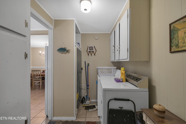 305 Shields View Dr, Gatlinburg, TN 37738 - laundry area with cabinet space, independent washer and dryer, light tile patterned flooring, and a chandelier