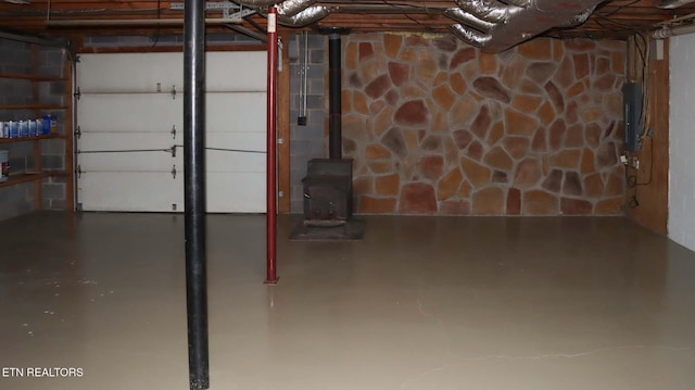805 Punkton Rd, Del Rio, TN 37727 - unfinished below grade area with electric panel and a wood stove