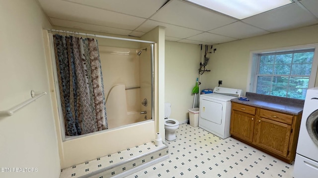 805 Punkton Rd, Del Rio, TN 37727 - bathroom with washer / clothes dryer, shower / bathtub combination with curtain, a drop ceiling, and tile patterned floors