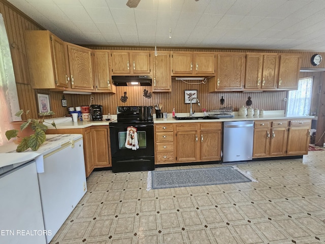 1106 Smyth Chapel Rd, Pennington Gap, VA 24277 - kitchen with black range with electric cooktop, under cabinet range hood, stainless steel dishwasher, light countertops, and light flooring