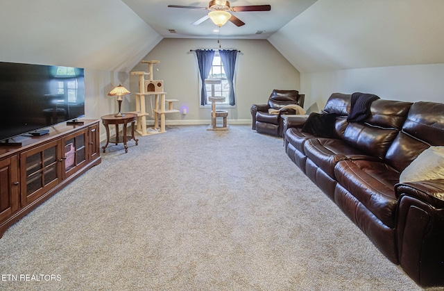 12504 Tangle Crest Ln, Knoxville, TN 37932 - carpeted living area featuring ceiling fan and vaulted ceiling