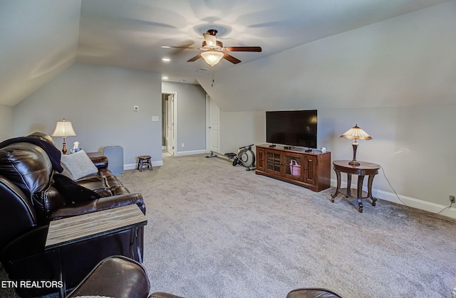 12504 Tangle Crest Ln, Knoxville, TN 37932 - carpeted living room with a ceiling fan and lofted ceiling