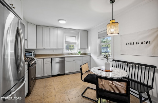 806 S Everett High Rd, Maryville, TN 37804 - kitchen with appliances with stainless steel finishes, ornamental molding, light countertops, decorative light fixtures, and gray cabinetry