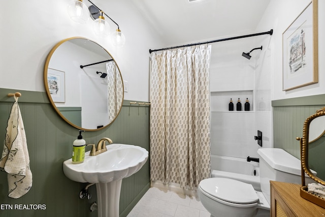 806 S Everett High Rd, Maryville, TN 37804 - bathroom with shower / tub combo with curtain, tile patterned floors, and a wainscoted wall