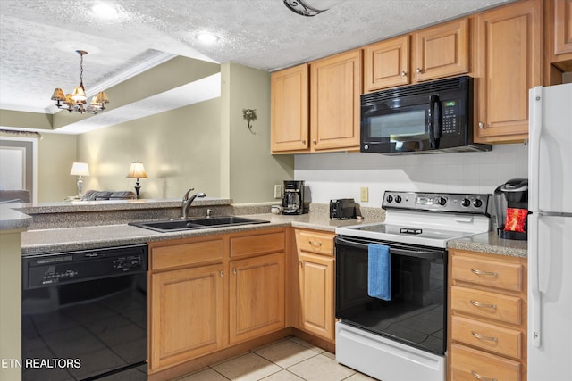 818 Golf View Blvd Unit 1502, Pigeon Forge, TN 37863 - kitchen with black appliances, a textured ceiling, a chandelier, a peninsula, and light tile patterned floors