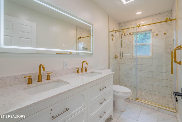 213 Towne Rd, Knoxville, TN 37934 - bathroom featuring a stall shower, double vanity, marble finish floors, and recessed lighting