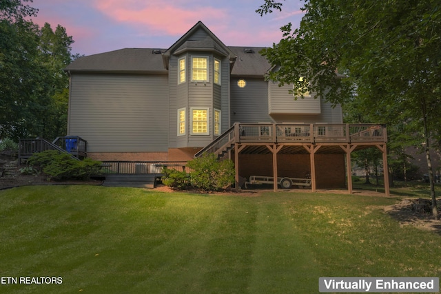 11424 Gates Mill Dr, Knoxville, TN 37934 - back of property at dusk featuring a wooden deck and a yard