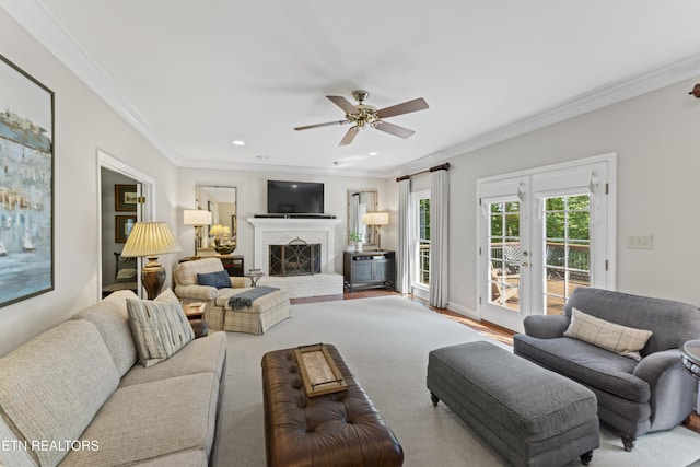 11424 Gates Mill Dr, Knoxville, TN 37934 - living area featuring crown molding, ceiling fan, a brick fireplace, and recessed lighting