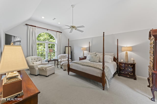 11424 Gates Mill Dr, Knoxville, TN 37934 - bedroom featuring light carpet, lofted ceiling, and ceiling fan