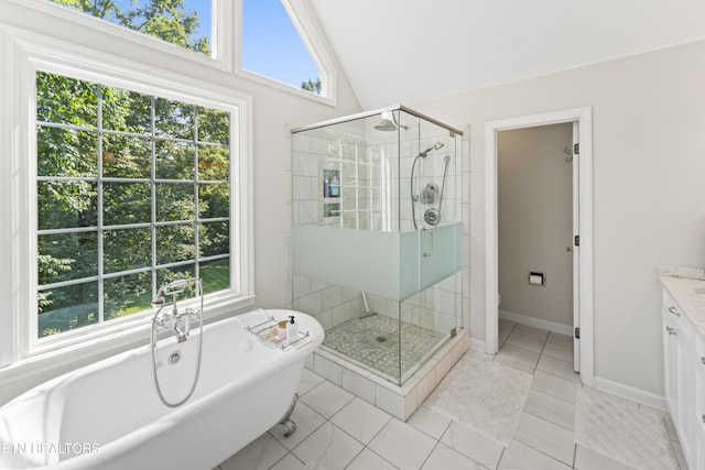 11424 Gates Mill Dr, Knoxville, TN 37934 - bathroom with a soaking tub, a shower stall, vanity, lofted ceiling, and tile patterned floors