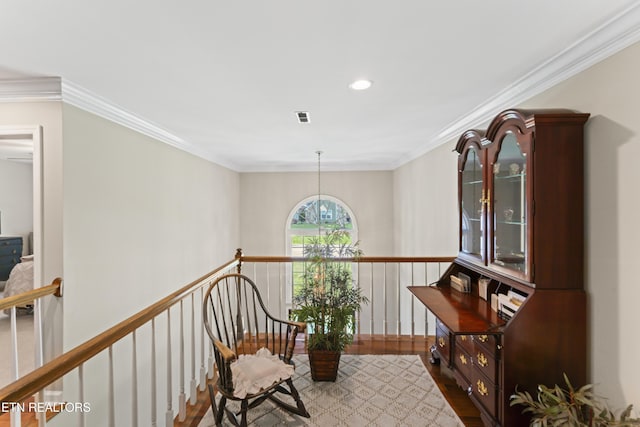 11424 Gates Mill Dr, Knoxville, TN 37934 - living area featuring wood finished floors, an upstairs landing, ornamental molding, and recessed lighting