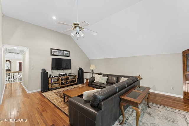 11424 Gates Mill Dr, Knoxville, TN 37934 - living room featuring wood finished floors, ceiling fan, lofted ceiling, attic access, and recessed lighting