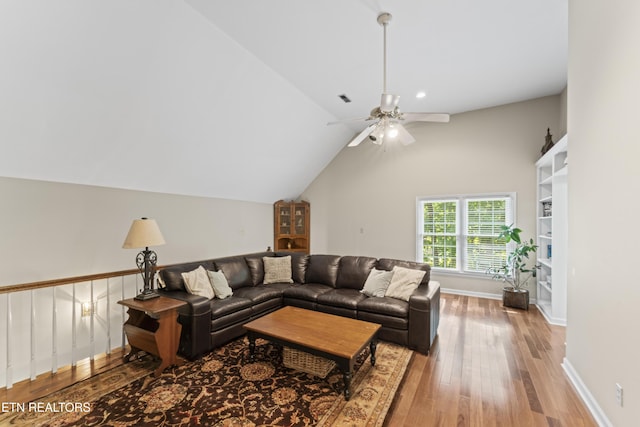11424 Gates Mill Dr, Knoxville, TN 37934 - living room featuring hardwood / wood-style flooring, lofted ceiling, a ceiling fan, and recessed lighting