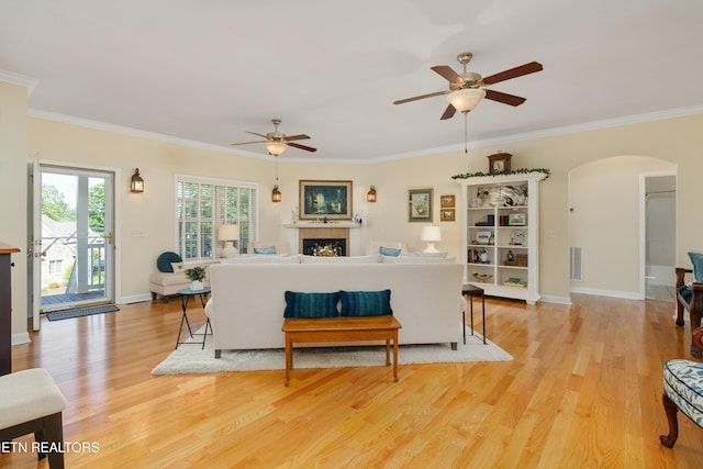 505 Bugaboo Springs Rd, Jonesborough, TN 37659 - living room with ceiling fan, arched walkways, wood finished floors, ornamental molding, and a fireplace