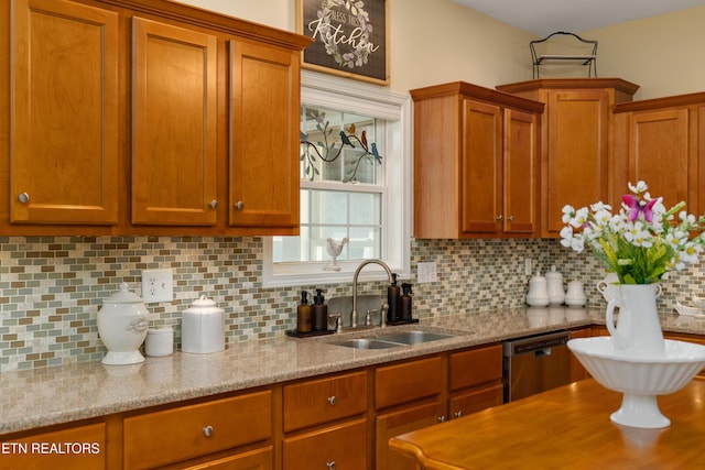 505 Bugaboo Springs Rd, Jonesborough, TN 37659 - kitchen featuring stainless steel dishwasher, decorative backsplash, and brown cabinets