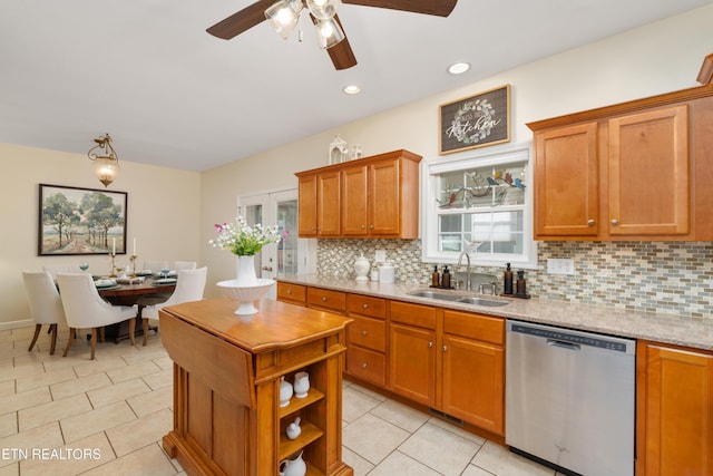 505 Bugaboo Springs Rd, Jonesborough, TN 37659 - kitchen with stainless steel dishwasher, backsplash, light tile patterned floors, a ceiling fan, and recessed lighting