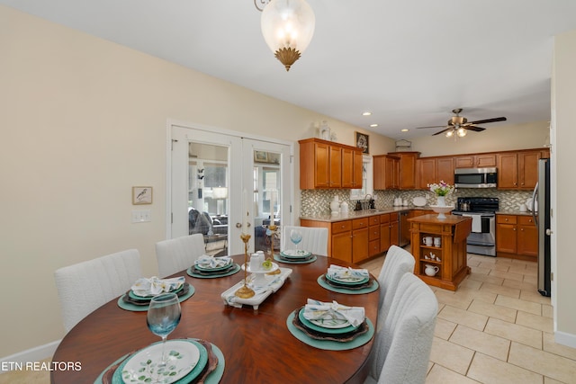 505 Bugaboo Springs Rd, Jonesborough, TN 37659 - dining area with french doors, ceiling fan, and light tile patterned floors