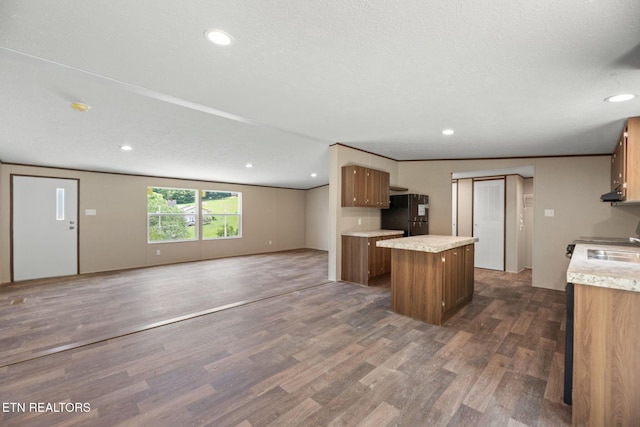 308 Cowan Ln, Lafollette, TN 37766 - kitchen featuring a center island, freestanding refrigerator, open floor plan, dark wood finished floors, and light countertops