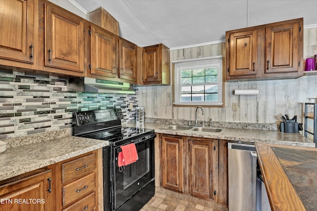 125 Loggers Ln, Clinton, TN 37716 - kitchen with black range with electric cooktop, under cabinet range hood, stainless steel dishwasher, brown cabinets, and crown molding