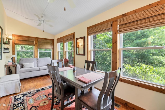 132 Cutter Gap Rd, Townsend, TN 37882 - dining area with ceiling fan, vaulted ceiling, healthy amount of natural light, and wood finished floors