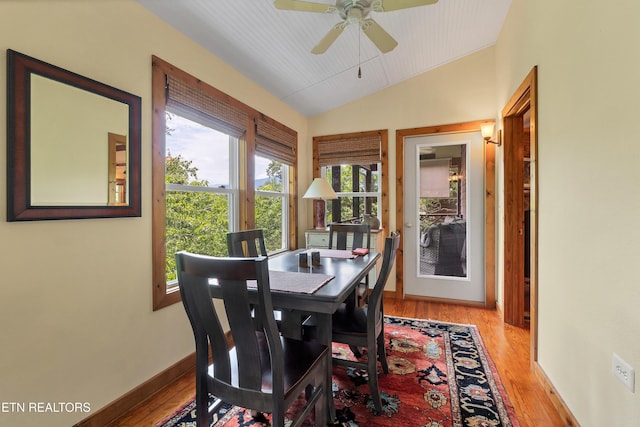 132 Cutter Gap Rd, Townsend, TN 37882 - dining room featuring vaulted ceiling, wood finished floors, and ceiling fan