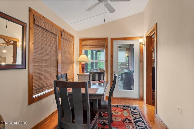 132 Cutter Gap Rd, Townsend, TN 37882 - dining space featuring wood finished floors, a ceiling fan, and vaulted ceiling