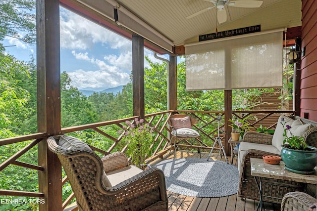 132 Cutter Gap Rd, Townsend, TN 37882 - sunroom with ceiling fan, lofted ceiling, and a mountain view